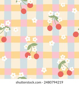 Gingham kawaii seamless pattern with cherry berries and flowers. Tartan check for tablecloths, napkins, clothes, packaging. Cozy cute childish hand drawn cartoon background in pastel palette