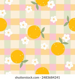 Gingham kawaii seamless pattern with citrus orange and flowers. Tartan check for tablecloths, napkins, clothes, packaging. Cozy cute childish hand drawn cartoon background in pastel palette.