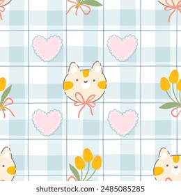 Gingham Kawaii nahtloses Muster mit einer niedlichen Katze und Schleifen, Tulpen und Herzen. Schottenprüfung für Tischdecken, Kleidung, Verpackung. Gemütlicher niedlicher kindlicher, handgezeichneter Cartoon-Hintergrund in Pastellpalette