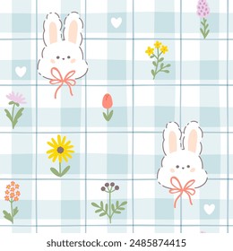 Gingham kawaii seamless pattern with a cute bunny and bows, with field meadow flowers and hearts. Tartan check for tablecloths, clothes, packaging. Cozy childish hand drawn cartoon background