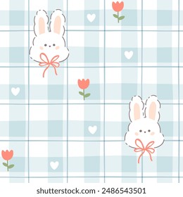 Gingham kawaii seamless pattern with a cute bunny and bows, tulips and hearts. Tartan check for tablecloths, clothes, packaging. Cozy cute childish hand drawn cartoon background in pastel palette