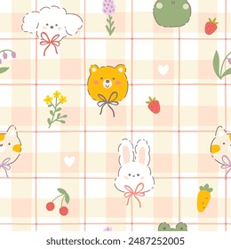 Patrón sin fisuras de kawaii de Gingham con animales lindos, con flores y corazones de prado de campo. Tartán comprobar para manteles, ropa, embalaje. Fondo de dibujos animados dibujado a mano