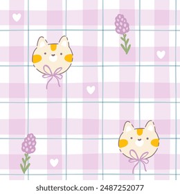 Patrón sin fisuras kawaii de Gingham con un lindo gato con flores y corazones de prado de campo. Tartán comprobar para manteles, ropa, embalaje. Fondo de dibujos animados dibujado a mano