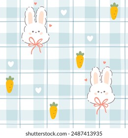 Gingham kawaii seamless pattern with a cute bunny and bows, carrots and hearts. Tartan check for tablecloths, clothes, packaging. Cozy cute childish hand drawn cartoon background in pastel palette