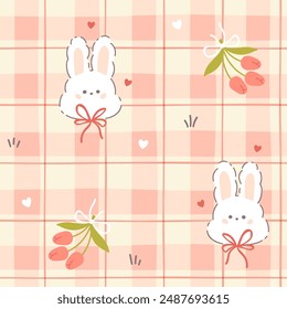 Patrón sin fisuras de kawaii de Gingham con un lindo conejo y arcos, tulipanes y corazones. Tartán comprobar para manteles, ropa, embalaje. Fondo de dibujos animados dibujado a mano lindo agradable en la paleta pastel