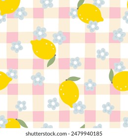 Gingham kawaii seamless pattern with lemon and flowers. Tartan check for tablecloths, napkins, clothes, packaging. Cozy cute childish hand drawn cartoon background in pastel palette