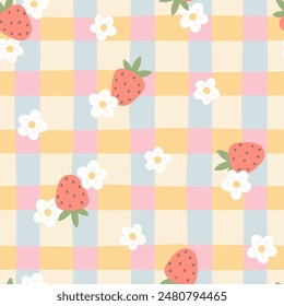 Gingham kawaii seamless pattern with strawberry berries and flowers. Tartan check for tablecloths, napkins, packaging, for the Easter holiday. Cozy cute childish cartoon background in pastel palette