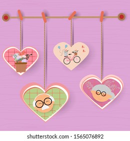 Gingham Love Valentine's hearts natural cord and red clips hanging on rustic driftwood texture background.