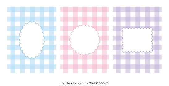 Gingham pastel pattern with labels set. playful checkered design for invitations, scrapbooking, journals, social media, stationery, printable designs, craft, cover, packaging and stickers