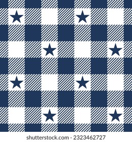 Gingham pattern with blue stars. Seamless checkered fabric swatch. 