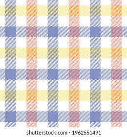 Gingham pattern colorful vector in blue purple, coral pink, yellow, white. Spring summer seamless vichy graphic for tablecloth, picnic blanket, oilcloth, other modern fashion textile or paper design.