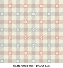 Gingham pattern. Floral tartan check plaid in soft grey, beige, pink with small flowers for gift wrapping paper, tablecloth, vintage wallpaper, other spring summer retro fashion fabric design.