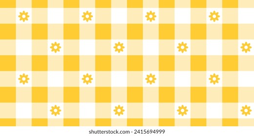 Gingham pattern with flowers. Checkered background with yellow and white squares. Spring or summer tablecloth, napkin, towel or handkerchief design. Wrapping or scrap paper print. Picnic plaid texture