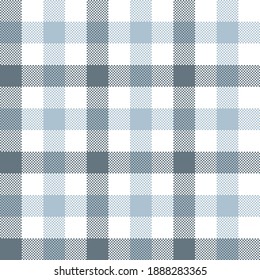 Gingham pattern in grey, blue, and white. Pixel check plaid graphic for menswear cotton shirt, tablecloth, or other modern spring and summer textile print.
