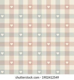 Gingham pattern with hearts in grey, beige, pink for spring and summer gift wrapping paper, picnic tablecloth, dress, shirt, or other modern Easter and Valentines Day fashion fabric design.