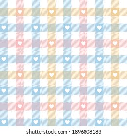 Gingham pattern with hearts in pastel blue, pink, orange yellow, white for spring and summer gift wrapping, picnic tablecloth, dress, or other modern Easter and Valentines Day fabric design.