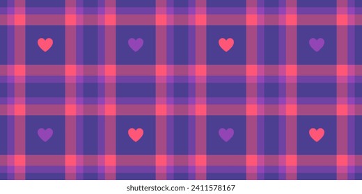 Gingham pattern with hearts. Seamless tartan vichy check plaid for dress, shirt, tablecloth, napkin, or other modern Valentines Day textile design