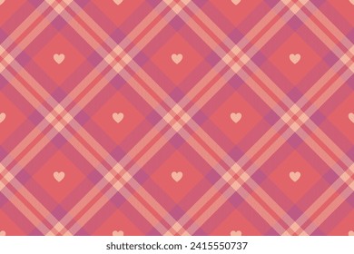 Gingham pattern with hearts. Seamless tartan vichy check plaid for dress, shirt, tablecloth, napkin, or other modern Valentines Day textile design