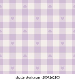 Gingham pattern with hearts for Valentine's Day in lilac. Seamless subtle pastel light vichy tartan vector graphic for dress, pyjamas, towel, flannel shirt, other modern spring fabric print.