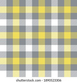 Gingham pattern in illuminating yellow, ultimate grey, and white. Seamless vichy check plaid graphic for tablecloth, wrapping, packaging, or other modern spring summer fashion fabric design.