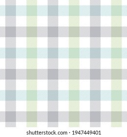 Gingham pattern in light blue, green, grey, white. Vichy seamless spring summer pastel vector design for tablecloth, oilcloth, picnic blanket, napkin, towel, other modern fashion textile print.