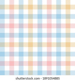 Gingham pattern. Multicolored pastel check plaid in blue, pink, orange yellow, white for gift wrapping, picnic tablecloth, dress, or other modern spring and summer holiday fabric design.