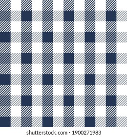 Gingham pattern in navy blue, grey, white. Seamless textured vichy check plaid graphic for dress, blanket, tablecloth, gift wrapping, or other modern spring summer autumn fashion textile print.