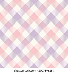 Gingham pattern in pastel lilac purple, pink, off white. Seamless spring summer vichy background vector graphic for tablecloth, oilcloth, picnic blanket, other modern fashion fabric print.
