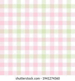 Gingham pattern pastel vector in pink, green, white. Spring summer textured vichy check plaid for tablecloth, picnic blanket, oilcloth, other modern everyday casual fashion fabric or paper print.