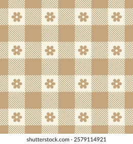 Gingham pattern Seamless, Flower checked plaids in brown and off white. Seamless vichy checked plaid with small decorative flowers for tablecloth, dress, skirt, or other modern spring and summer texti