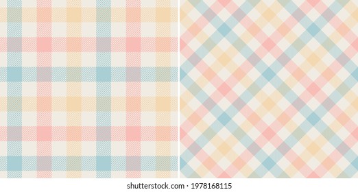 Gingham pattern seamless print in pink, blue, yellow, off white. Light pastel vichy graphic vector for gift paper, tablecloth, oilcloth, picnic blanket, other modern spring summer fabric design.