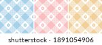 Gingham pattern set in blue, pink, orange yellow. Seamless floral vichy checked plaid backgrounds for gift wrapping, dress, skirt, digital paper, or other modern holiday textile or paper design.