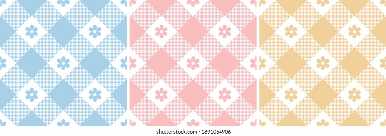 Gingham pattern set in blue, pink, orange yellow. Seamless floral vichy checked plaid backgrounds for gift wrapping, dress, skirt, digital paper, or other modern holiday textile or paper design.