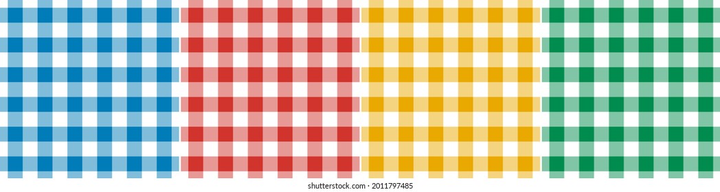 Gingham pattern set. Bright colorful check plaid vector backgrounds. Simple tartan for spring summer tablecloth, picnic blanket, oilcloth, gift paper, flannel shirt, handkerchief, scrapbook design.
