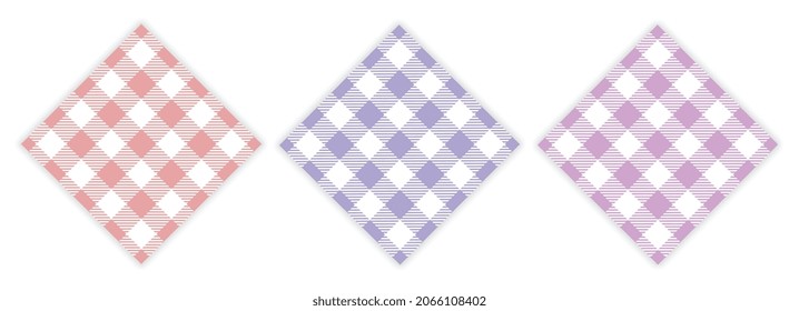 Gingham pattern set. Collection of rhombuses with unusual pattern. Graphic elements for buttons. Stylish images for printing on tshirts. Cartoon flat vector illustrations isolated on white background