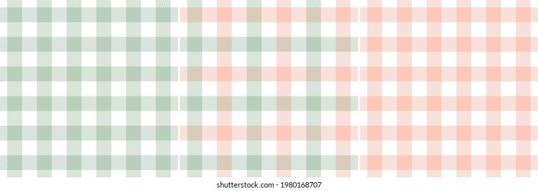 Gingham pattern set in coral pink, green, white. Spring summer textured striped seamless vichy check vector graphics for tablecloth, oilcloth, napkin, dress, other modern fashion fabric design.