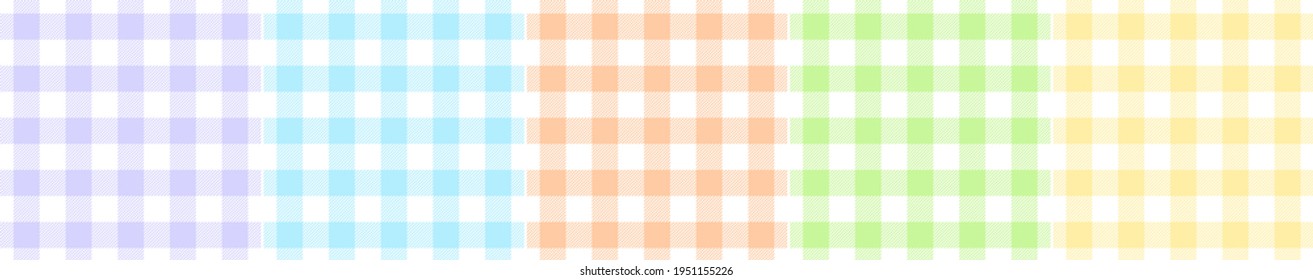 Gingham pattern set for Easter designs in pastel purple, blue, orange, green, yellow, white. Spring summer textured vichy checked plaids for tablecloth, picnic blanket, oilcloth, other textile.