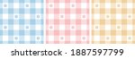 Gingham pattern set. Floral checked plaids in blue, pink, yellow, white. Seamless pastel vichy tartan backgrounds with small flowers for tablecloth, dress, or other Easter holiday textile design.