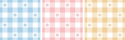 Gingham Pattern Set. Floral Checked Plaids In Blue, Pink, Yellow, White. Seamless Pastel Vichy Tartan Backgrounds With Small Flowers For Tablecloth, Dress, Or Other Easter Holiday Textile Design.