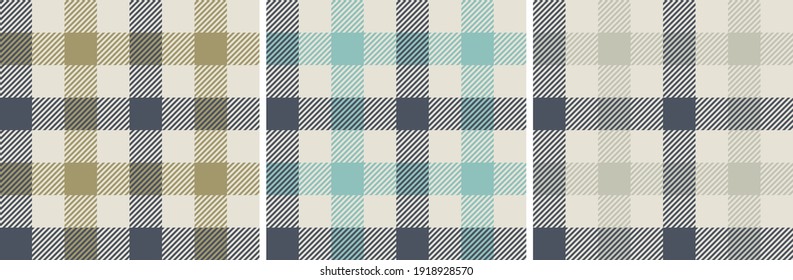 Gingham pattern set in grey, khaki green, blue. Seamless vichy check plaid graphic art for shirt, gift wrapping paper, tablecloth, tea towel, other spring summer autumn fashion textile or paper print.