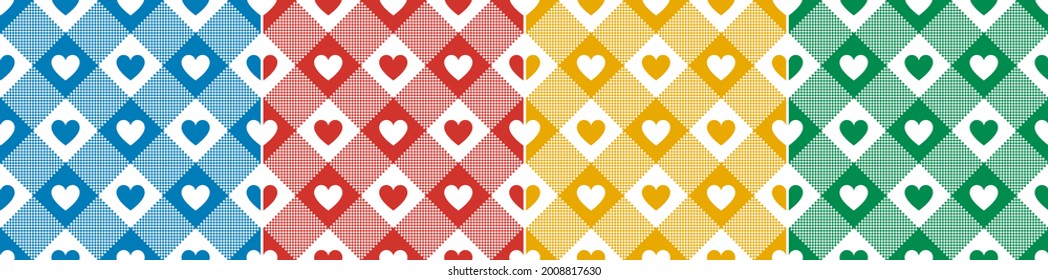 Gingham pattern set with hearts for gift paper. Simple colorful vichy tartan checked plaid vector in blue, red, green, yellow for spring summer. Valentine's Day holiday background print.