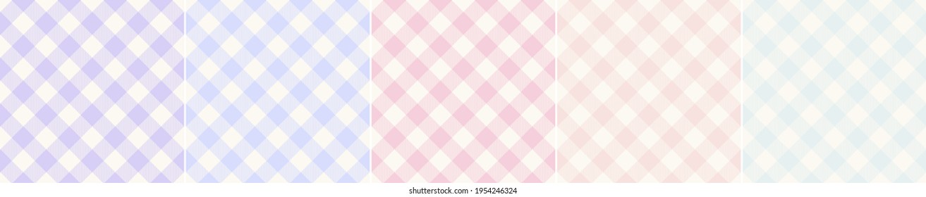 Gingham pattern set in pale blue, pink, purple, green, off white. Seamless light vichy checks for spring summer picnic blanket, oilcloth, gift paper, wallpaper, other modern fashion fabric print.