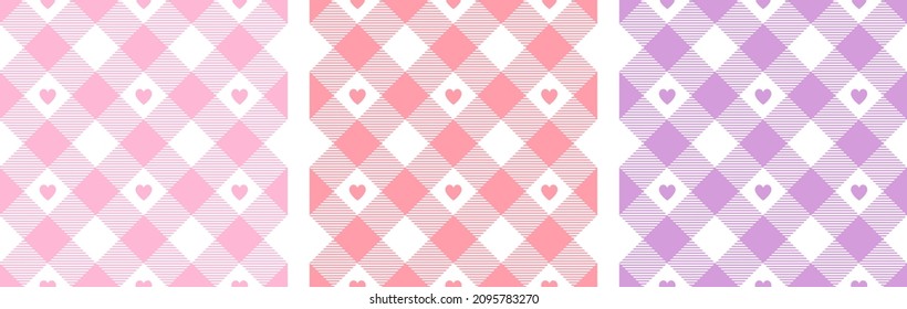 Gingham pattern set in pastel colors with hearts - pink, purple, red. Seamless vector cute plaid pattern for packaging design, fabric and wrapping paper design for valentine's day and birthday. 
