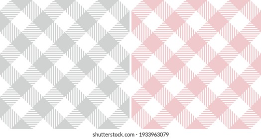 Gingham pattern set in pastel pink, grey, white. Seamless vichy textured striped check plaids for dress, shirt, tablecloth, gift wrapping paper, other trendy spring summer everyday fashion design.