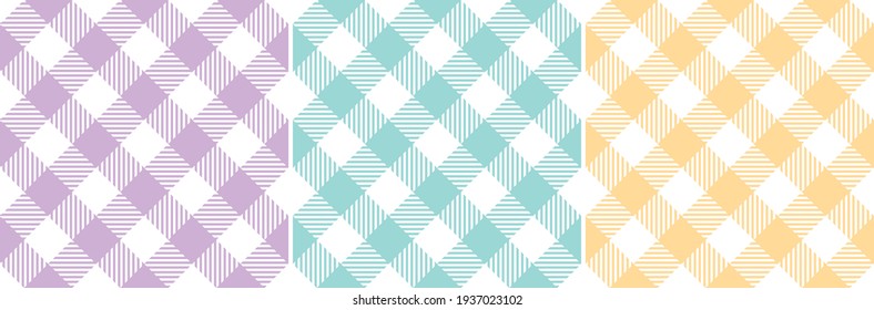 Gingham pattern set in pastel purple, yellow, green, white. Vichy seamless tartan check striped graphics for tablecloth, oilcloth, picnic blanket, other modern spring summer fashion textile print.
