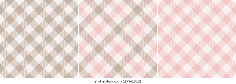 Gingham pattern set in pink and beige. Simple spring summer light pastel checks for tablecloth, oilcloth, dress, other modern fashion textile print. Classic striped geometric fabric design.