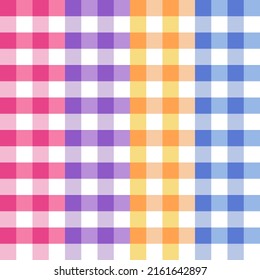 Gingham pattern set. Tartan in blue, pink, orange, purple, white. Seamless pastel backgrounds for tablecloth, dress, skirt, napkin, wrapping paper or other textile design.