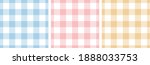 Gingham pattern set. Tartan checked plaids in blue, pink, yellow, white. Seamless pastel vichy backgrounds for tablecloth, dress, skirt, napkin, or other Easter holiday textile design.