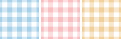 Gingham Pattern Set. Tartan Checked Plaids In Blue, Pink, Yellow, White. Seamless Pastel Vichy Backgrounds For Tablecloth, Dress, Skirt, Napkin, Or Other Easter Holiday Textile Design.
