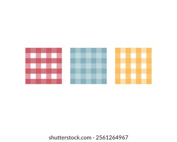 Gingham pattern set. Tartan checked plaids in blue, pink, yellow, white. Seamless pastel vichy backgrounds for tablecloth, dress, skirt, napkin, or other Easter holiday textile design.